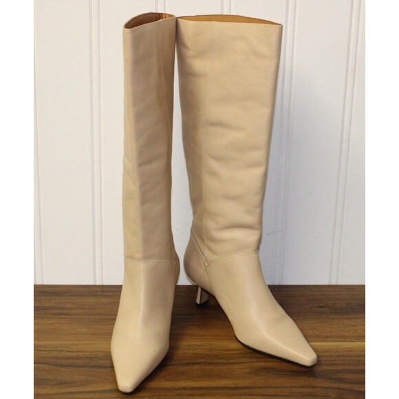 NWT ANTHROPOLOGIE KNEE HIGH POINTED TOE LEATHER KITTEN HEEL BOOTS LITE SAND 40 9 - Picture 7 of 14